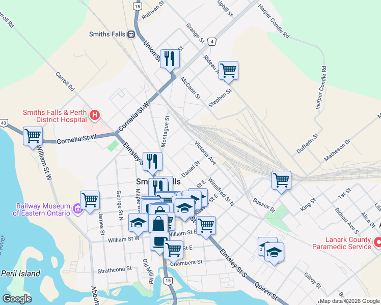 map of restaurants, bars, coffee shops, grocery stores, and more near 60 Victoria Avenue in Smiths Falls