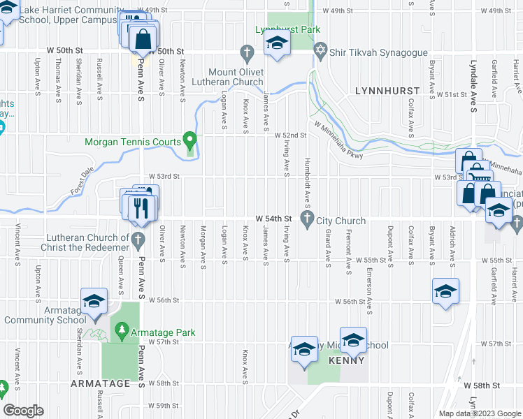 map of restaurants, bars, coffee shops, grocery stores, and more near 5348 James Avenue South in Minneapolis