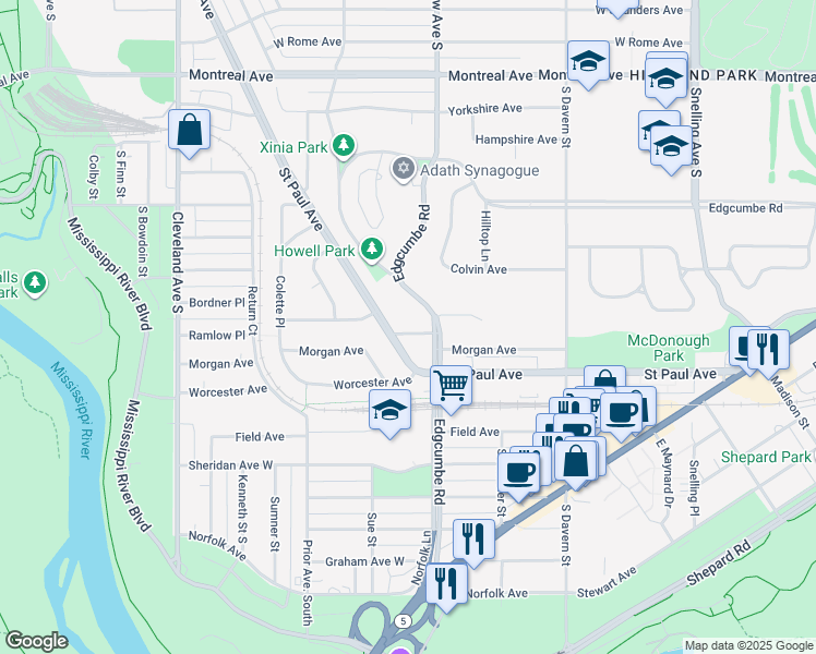 map of restaurants, bars, coffee shops, grocery stores, and more near 1851 Quirnia Street in Saint Paul