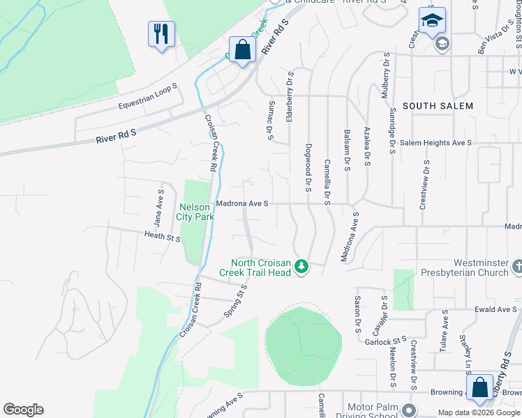 map of restaurants, bars, coffee shops, grocery stores, and more near 1680 Madrona Avenue South in Salem