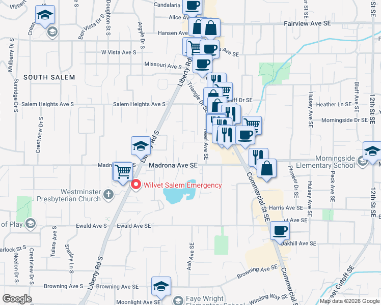 map of restaurants, bars, coffee shops, grocery stores, and more near 397 Madrona Avenue Southeast in Salem