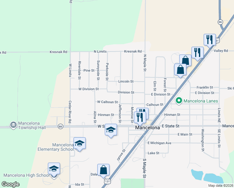 map of restaurants, bars, coffee shops, grocery stores, and more near 309 Jefferson St in Mancelona