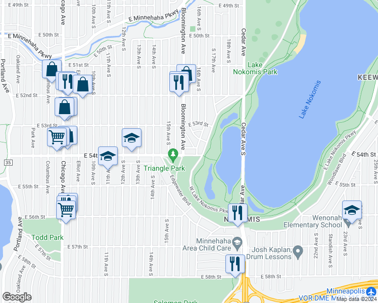 map of restaurants, bars, coffee shops, grocery stores, and more near 1530 East 54th Street in Minneapolis