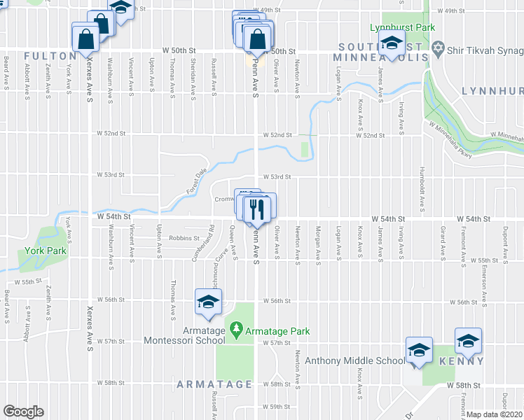 map of restaurants, bars, coffee shops, grocery stores, and more near 5346 Penn Avenue South in Minneapolis