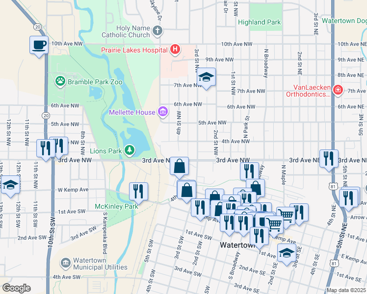 map of restaurants, bars, coffee shops, grocery stores, and more near 301-399 4th St NW in Watertown