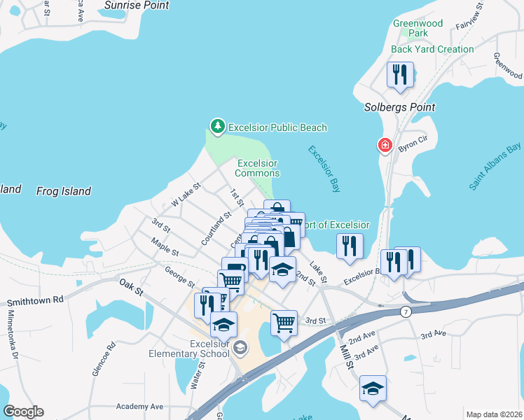 map of restaurants, bars, coffee shops, grocery stores, and more near 248 Lake Street in Excelsior