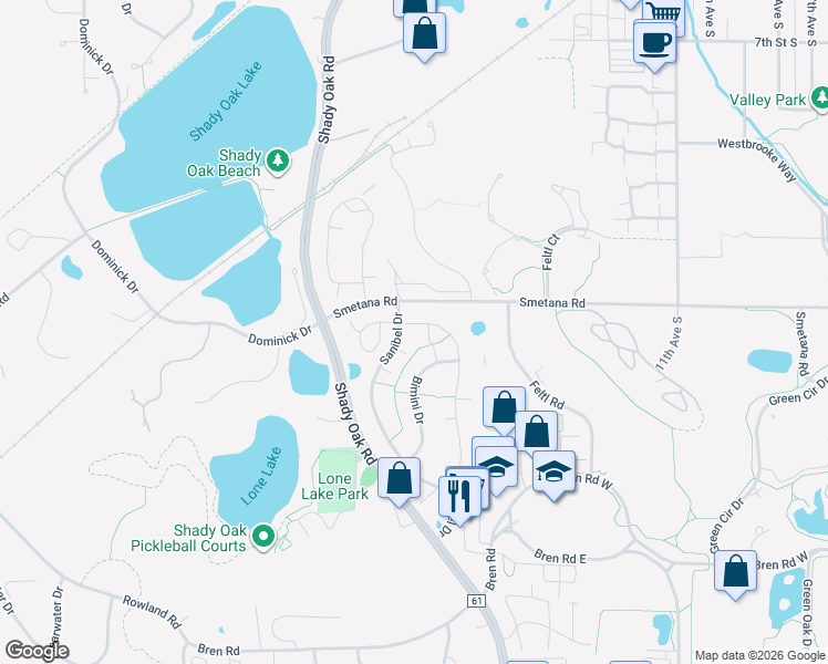 map of restaurants, bars, coffee shops, grocery stores, and more near 5402 Pompano Drive in Hopkins