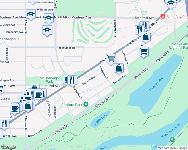 map of restaurants, bars, coffee shops, grocery stores, and more near 2211 Benson Avenue in Saint Paul