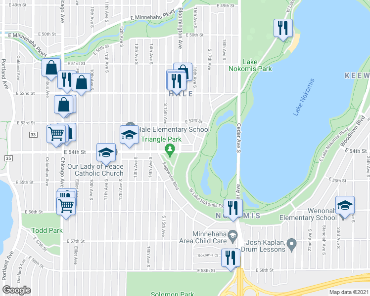 map of restaurants, bars, coffee shops, grocery stores, and more near 1530 East 54th Street in Minneapolis