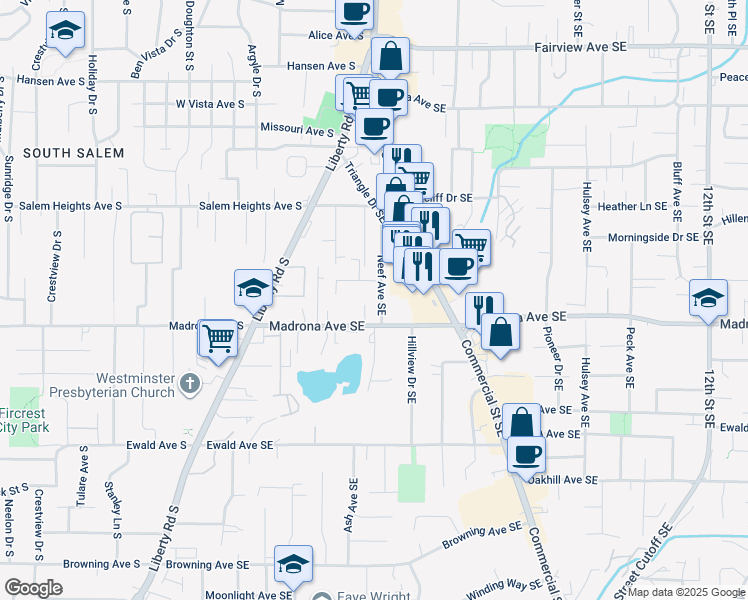 map of restaurants, bars, coffee shops, grocery stores, and more near 3441 Neef Avenue Southeast in Salem