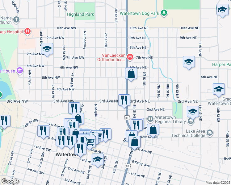 map of restaurants, bars, coffee shops, grocery stores, and more near 321 3rd Street Northeast in Watertown