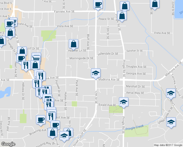 map of restaurants, bars, coffee shops, grocery stores, and more near 3453 12th Street Southeast in Salem
