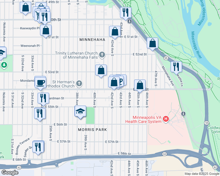 map of restaurants, bars, coffee shops, grocery stores, and more near 4118 East 54th Street in Minneapolis