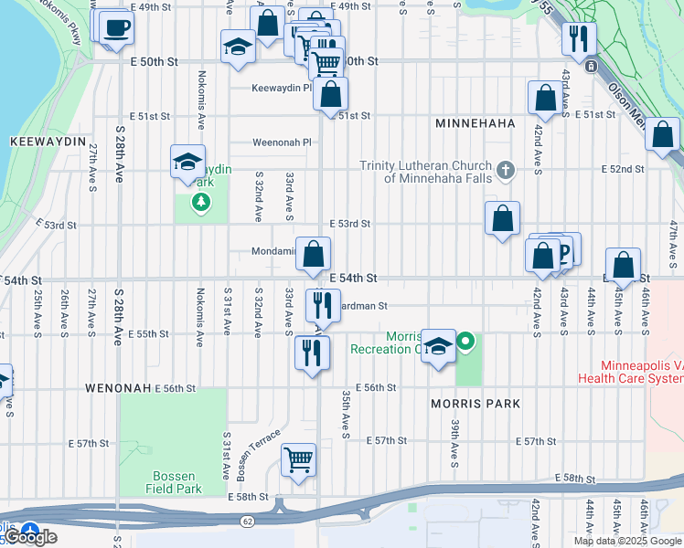 map of restaurants, bars, coffee shops, grocery stores, and more near 5356 35th Avenue South in Minneapolis
