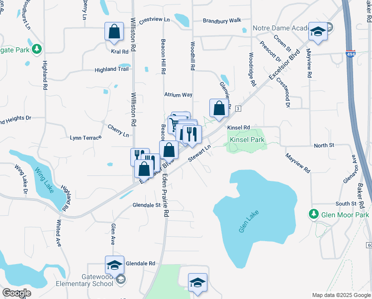 map of restaurants, bars, coffee shops, grocery stores, and more near 14411 Excelsior Boulevard in Minnetonka