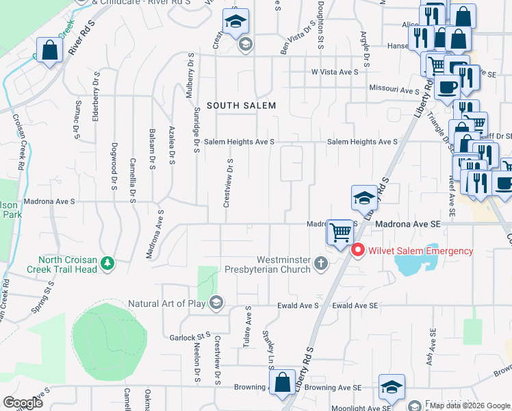 map of restaurants, bars, coffee shops, grocery stores, and more near 725 Madrona Avenue South in Salem