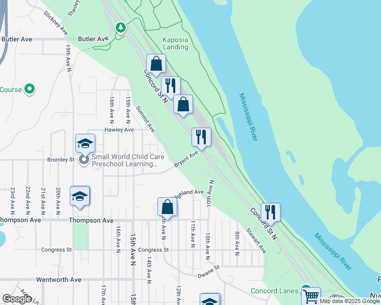 map of restaurants, bars, coffee shops, grocery stores, and more near 1020 Bryant Avenue in South Saint Paul