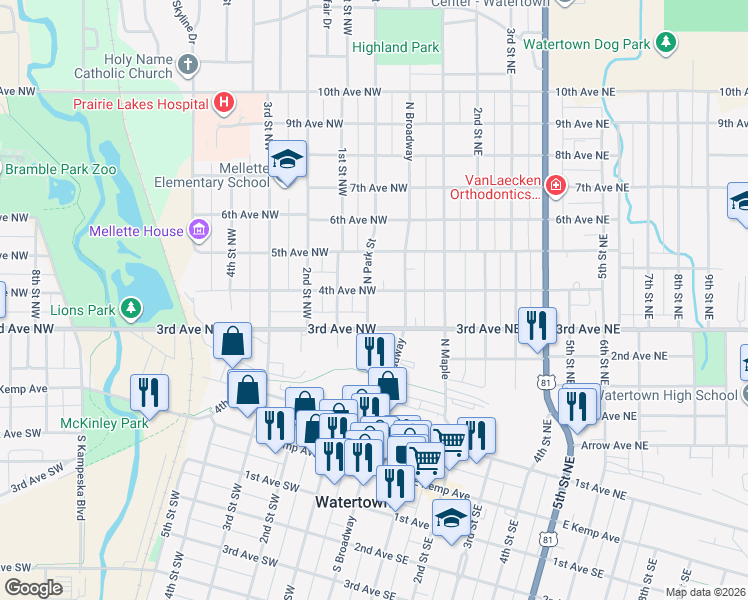 map of restaurants, bars, coffee shops, grocery stores, and more near 311-399 North Park Street in Watertown