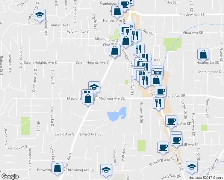 map of restaurants, bars, coffee shops, grocery stores, and more near 3437-3439 3rd Avenue Southeast in Salem