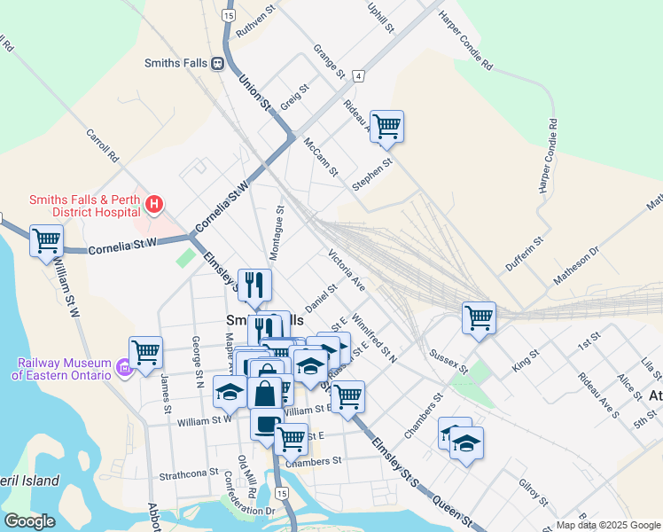 map of restaurants, bars, coffee shops, grocery stores, and more near 60 Victoria Avenue in Smiths Falls