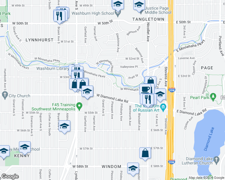 map of restaurants, bars, coffee shops, grocery stores, and more near 5339 Pleasant Ave S in Minneapolis