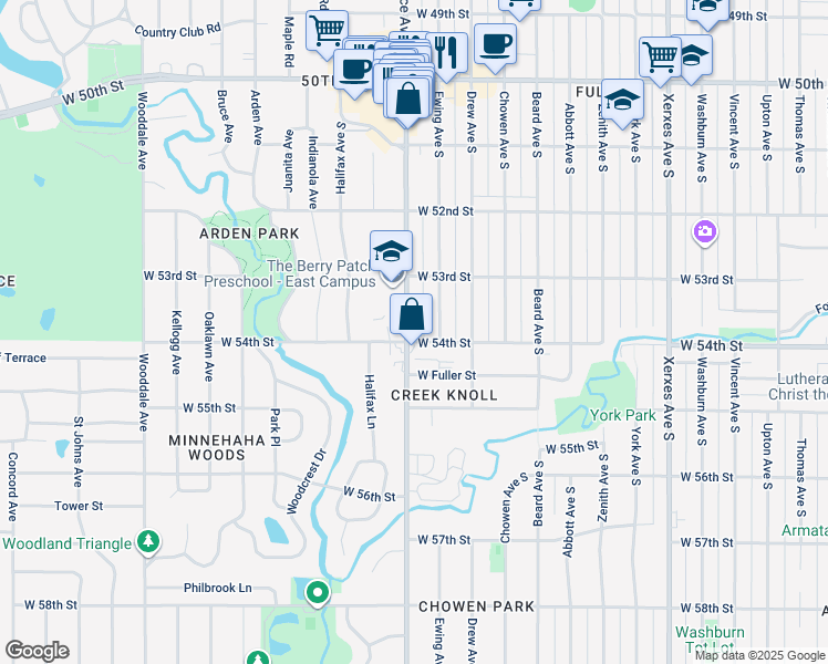 map of restaurants, bars, coffee shops, grocery stores, and more near 5353 France Avenue South in Minneapolis