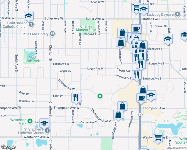 map of restaurants, bars, coffee shops, grocery stores, and more near 90 Imperial Drive West in West Saint Paul