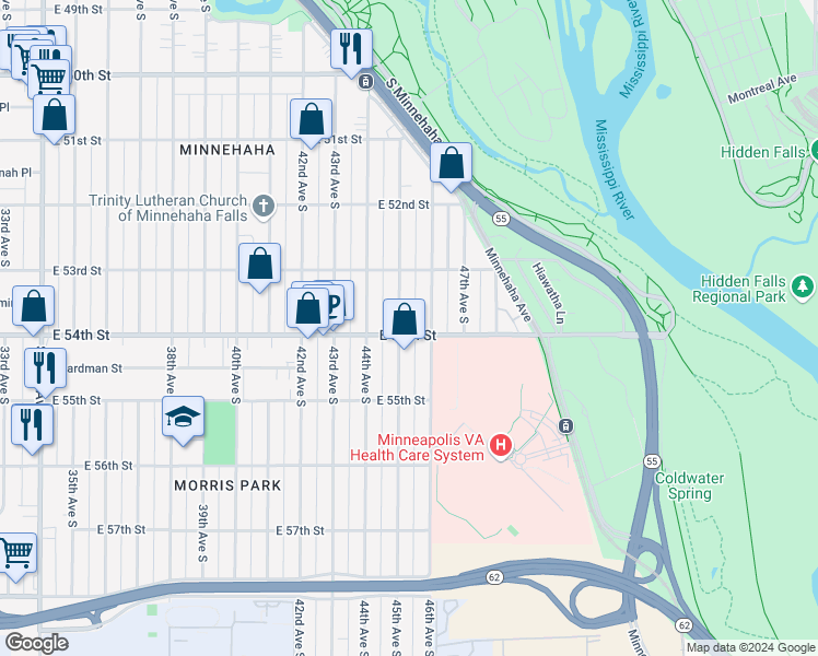 map of restaurants, bars, coffee shops, grocery stores, and more near 5357 45th Avenue South in Minneapolis