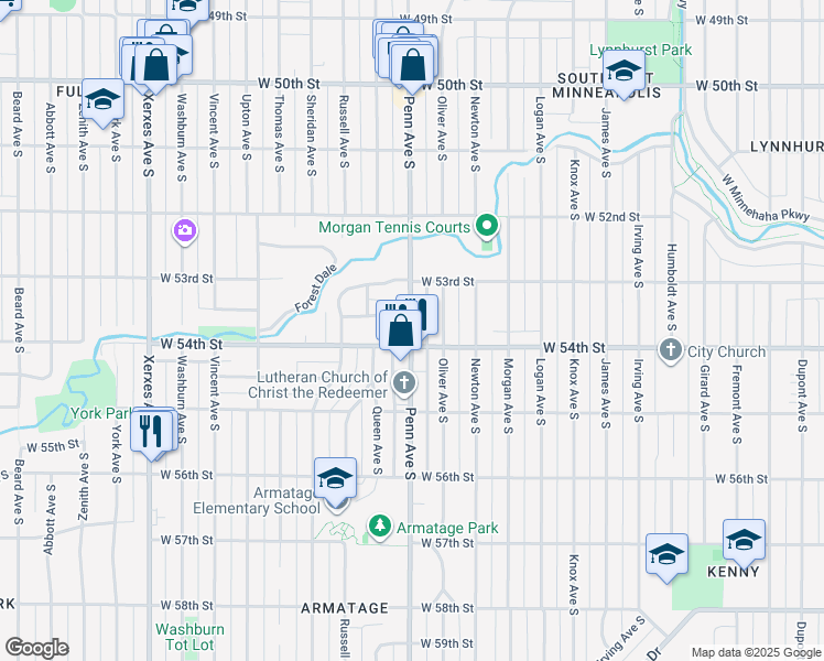 map of restaurants, bars, coffee shops, grocery stores, and more near 5346 Penn Avenue South in Minneapolis
