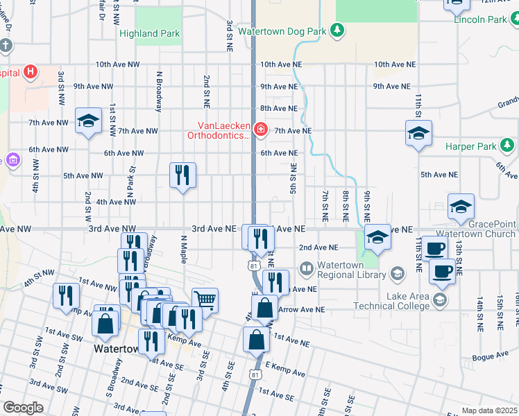 map of restaurants, bars, coffee shops, grocery stores, and more near 317-323 4th Street Northeast in Watertown