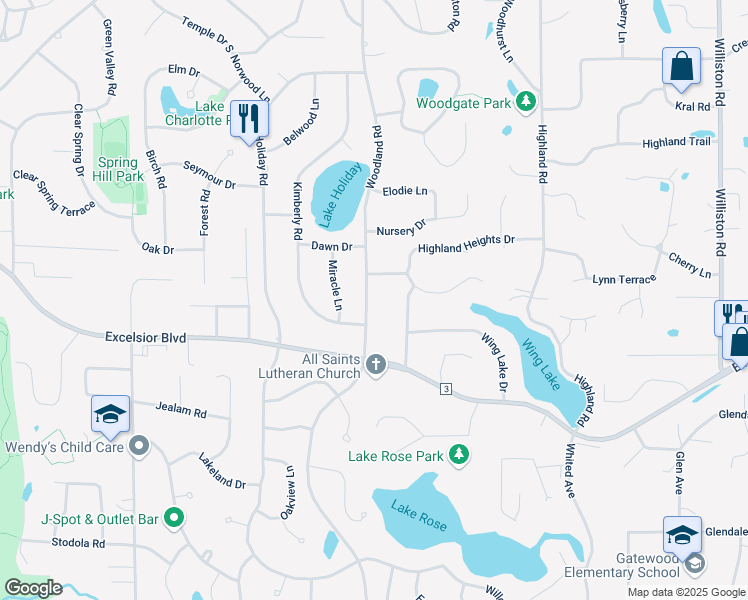 map of restaurants, bars, coffee shops, grocery stores, and more near 5409 Woodland Road in Minnetonka