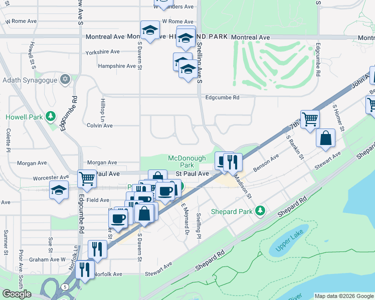map of restaurants, bars, coffee shops, grocery stores, and more near 2120 Lower Saint Dennis Road in Saint Paul