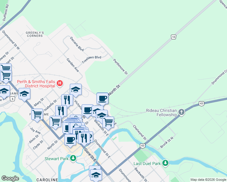 map of restaurants, bars, coffee shops, grocery stores, and more near 88 North Street North in Perth
