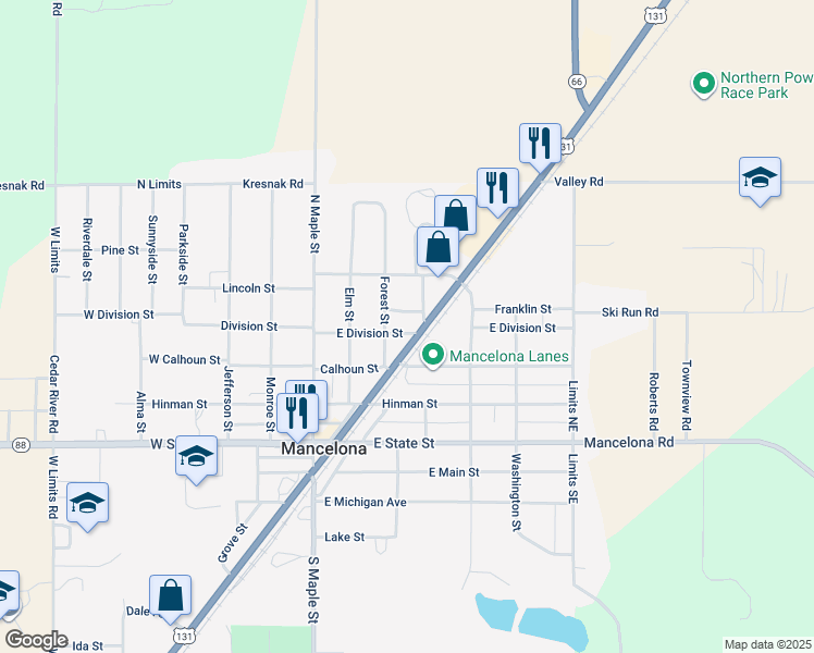 map of restaurants, bars, coffee shops, grocery stores, and more near 311 East Division Street in Mancelona