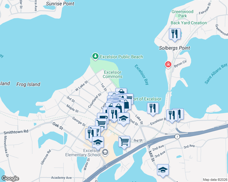 map of restaurants, bars, coffee shops, grocery stores, and more near 248 Lake Street in Excelsior
