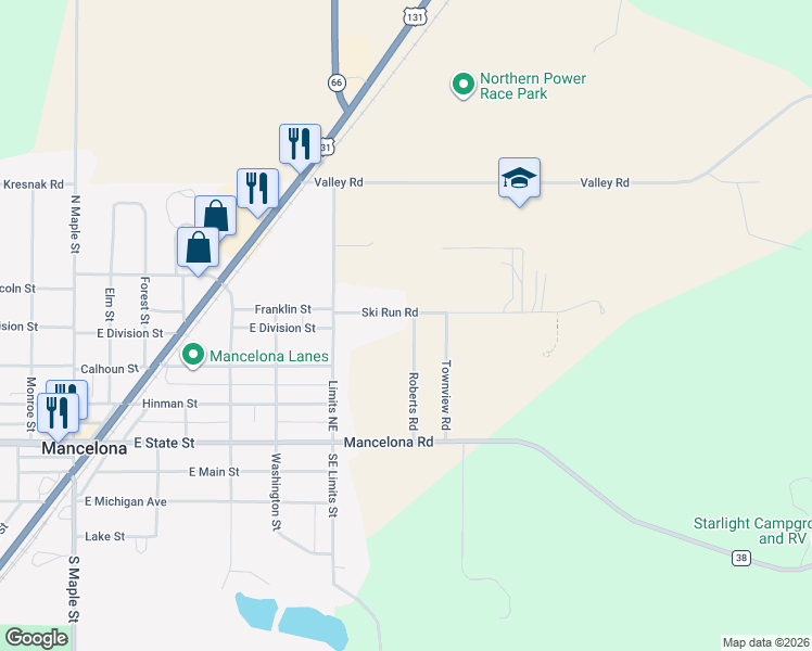 map of restaurants, bars, coffee shops, grocery stores, and more near 2102 Ski Run Road in Mancelona