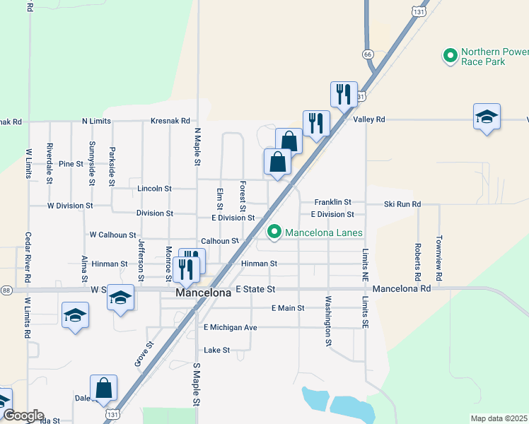 map of restaurants, bars, coffee shops, grocery stores, and more near 311 East Division Street in Mancelona