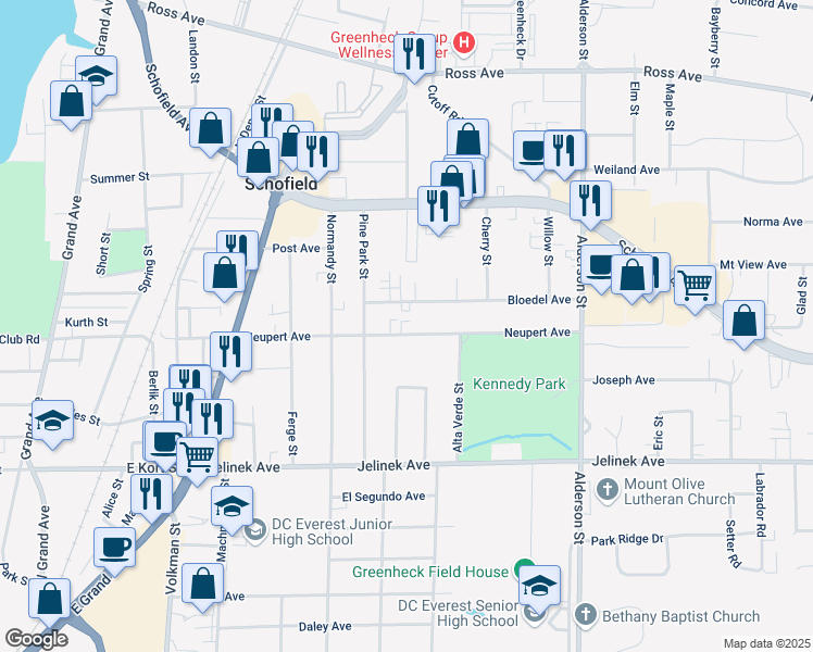 map of restaurants, bars, coffee shops, grocery stores, and more near 1904 Neupert Avenue in Schofield
