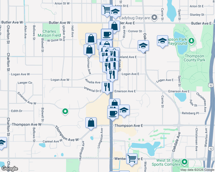 map of restaurants, bars, coffee shops, grocery stores, and more near 1349 State Highway 952 in West Saint Paul