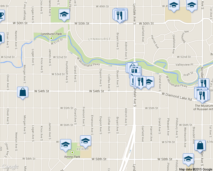 map of restaurants, bars, coffee shops, grocery stores, and more near 5336 Colfax Avenue South in Minneapolis