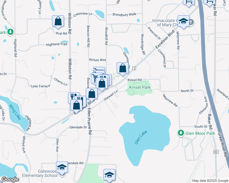 map of restaurants, bars, coffee shops, grocery stores, and more near 14317 Excelsior Boulevard in Minnetonka