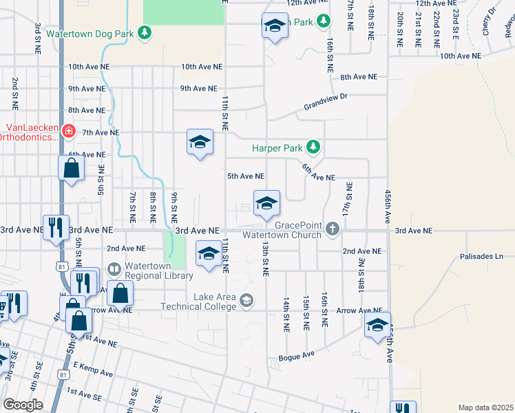 map of restaurants, bars, coffee shops, grocery stores, and more near 321 13th Street Northeast in Watertown