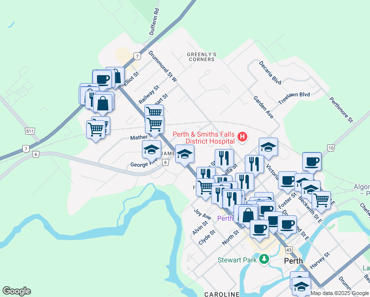 map of restaurants, bars, coffee shops, grocery stores, and more near 16 Harris Street South in Perth