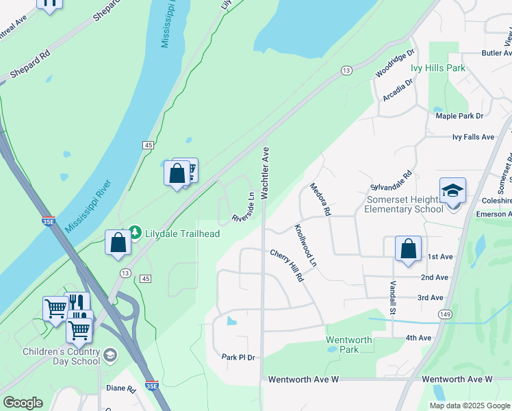 map of restaurants, bars, coffee shops, grocery stores, and more near 1321 Riverside Lane in Mendota Heights