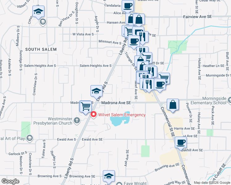 map of restaurants, bars, coffee shops, grocery stores, and more near 3431 3rd Avenue Southeast in Salem