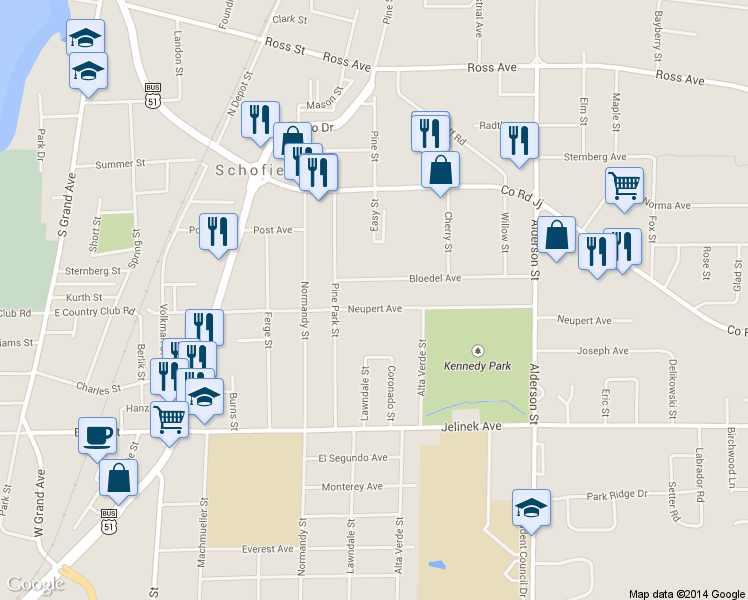 map of restaurants, bars, coffee shops, grocery stores, and more near 1904 Neupert Ave in Schofield