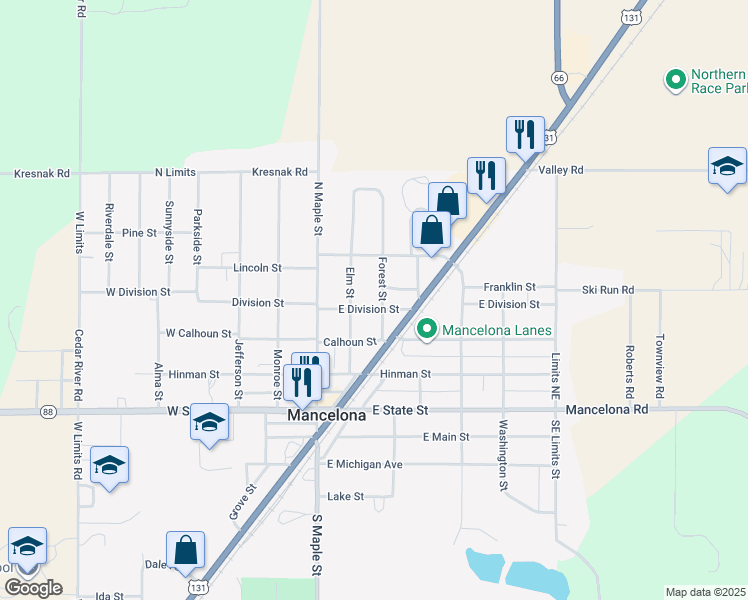 map of restaurants, bars, coffee shops, grocery stores, and more near 217 East Division Street in Mancelona