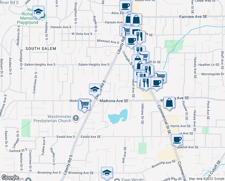 map of restaurants, bars, coffee shops, grocery stores, and more near 3433 3rd Avenue Southeast in Salem