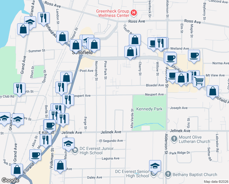 map of restaurants, bars, coffee shops, grocery stores, and more near 1904 Neupert Avenue in Schofield