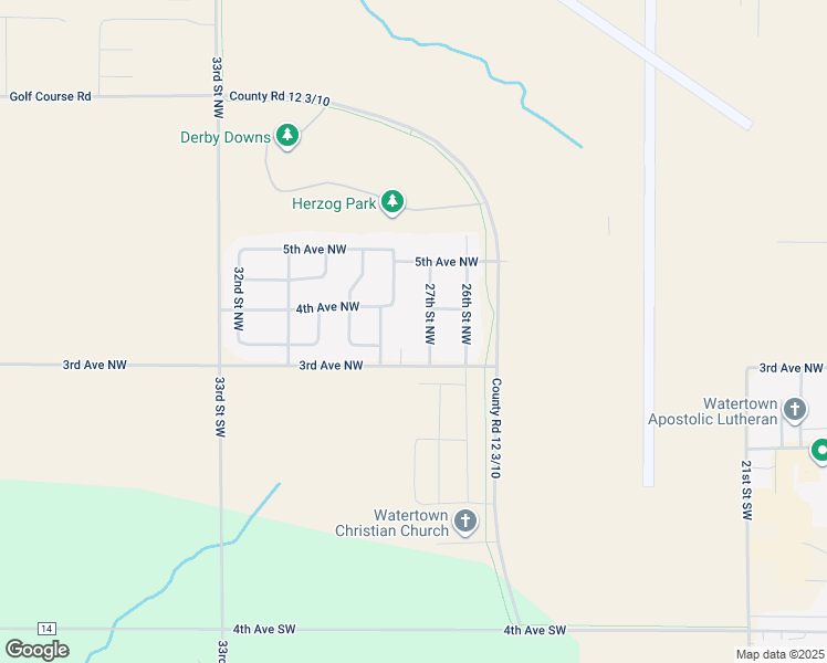 map of restaurants, bars, coffee shops, grocery stores, and more near 328-398 28th Street Northwest in Watertown